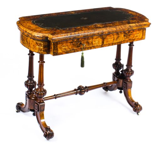 Antique Burr Walnut & Marquetry Combination Writing & Card Table 19th C
