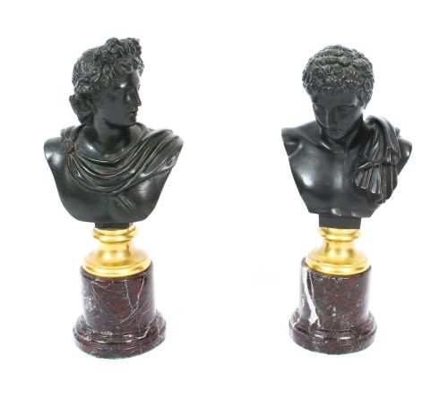 Antique Pair French Grand Tour Bronze Busts Mercury & Apollo 19th C
