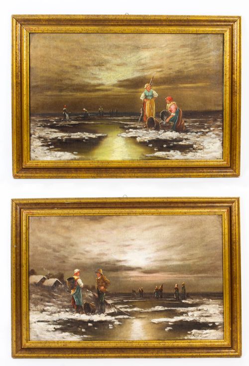 Antique Pair Paintings 'Sea View of Britanny' L Biro 20th Century C1920

