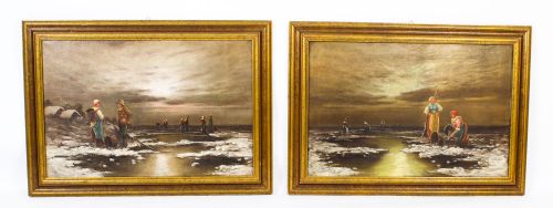 fig 1. Antique Pair Paintings 'Sea View of Britanny' L Biro 20th Century C1920

