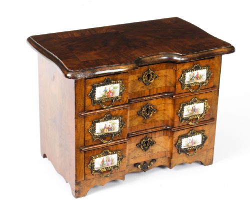 Antique Walnut Porcelain Mounted Miniature Commode Jewellery Box 19th C
