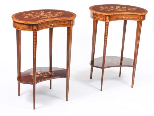 Antique Pair English Marquetry Kidney Shaped Occasionally Tables 19th C
