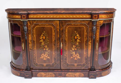 Antique Victorian Burr Walnut & Floral Marquetry Credenza C.1860
