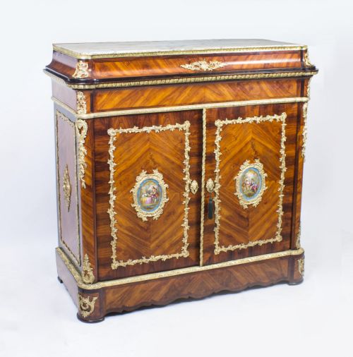 Antique French Marble Top Kingwood Side Cabinet Plaques C1860
