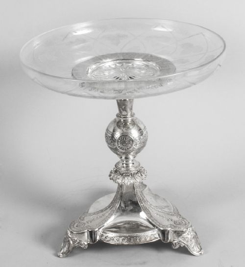 fig 1. Antique Silver Plated & Engraved Glass Comport Centerpiece 19th Century