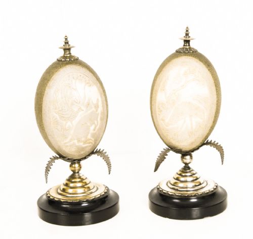 Antique Pair Australian Cameo Carved Emu Eggs on Stands 19th C
