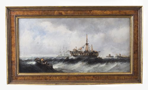 fig 1. Antique Pair Seascape Oil Paintings Fishing Boats 19th century