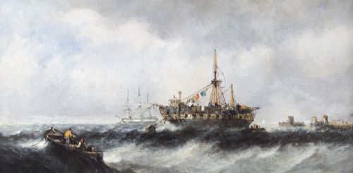 fig 2. Antique Pair Seascape Oil Paintings Fishing Boats 19th century