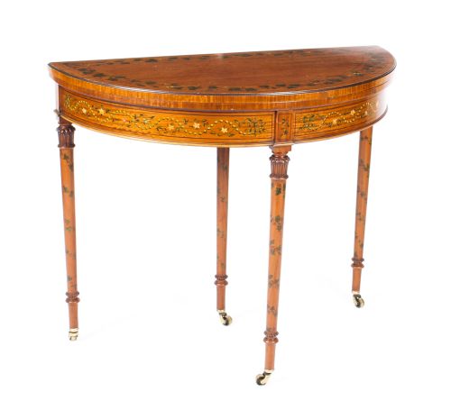 Antique Hand Painted Satinwood Demi-lune Card Console Table 19th C
