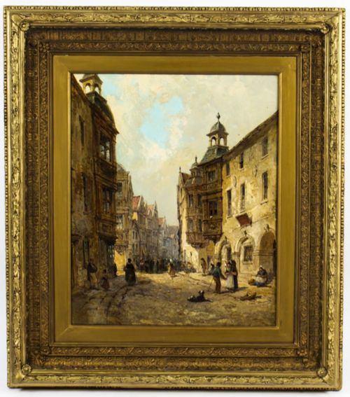 Antique Oil Painting Koblenz Street Scene Jane Vivian 19th C
