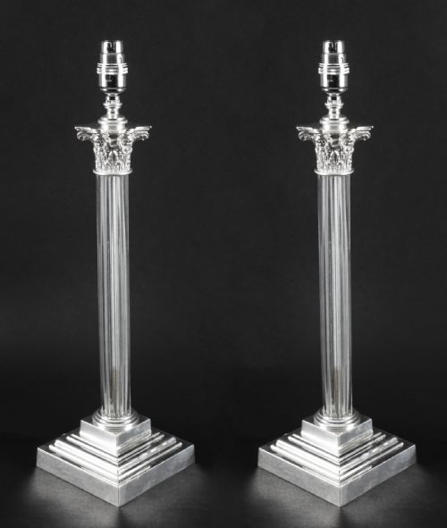 Antique Pair Edwardian Silver Plated & Glass Corinthiantable Lamps C 1910

