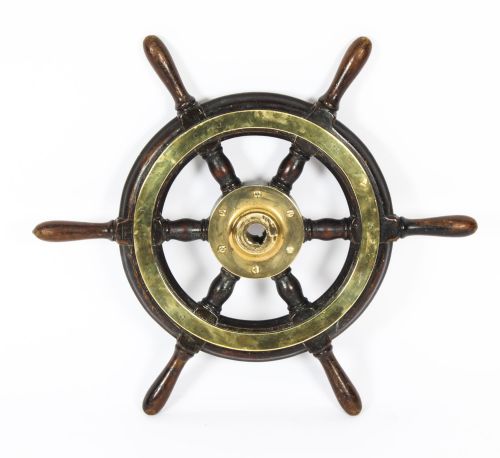 Antique 56cm Teak and Brass Set 6-Spoke Ships Wheel C 1870 19th Century
