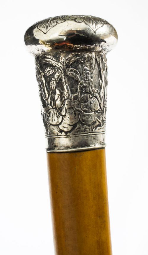 Antique Chinese Silver & Malacca Walking Stick Cane C1880 19th Century
