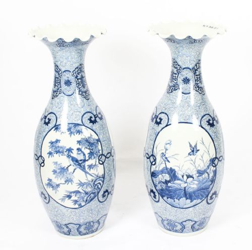Antique Pair Japanese Meiiji Imari Blue & White Arita Porcelain Temple Vases 19c
