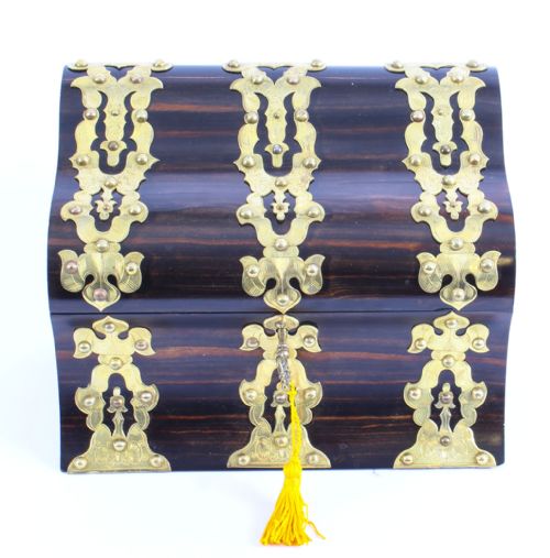 fig 1. Antique Coromandel Gothic Revival Gilt Brass Strapwork Stationery Box 19th C
