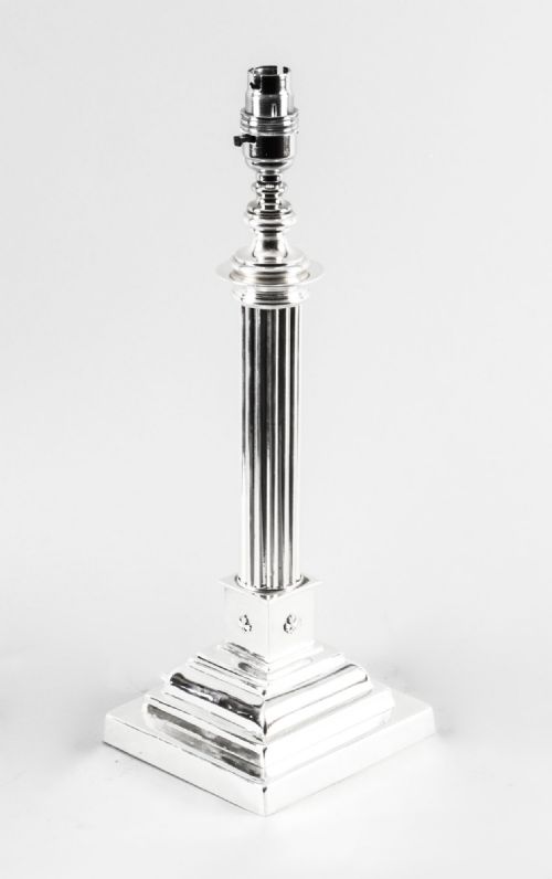 Antique Victorian Silver Plated Doric Column Table Lamp 19th C
