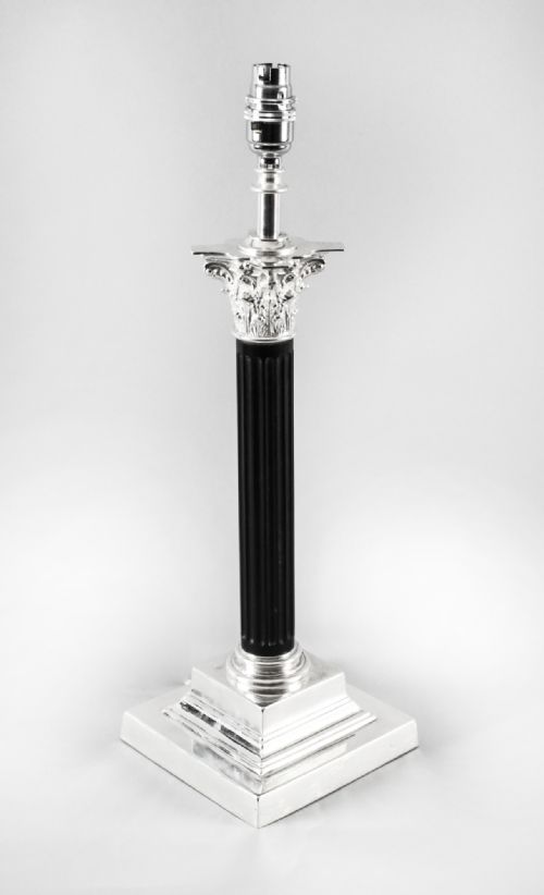 Antique Edwardian Silver Plated Corinthian Column Table Lamp C1920
