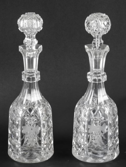 Antique Pair Cut Glass Decanters and Stoppers 19th Century
