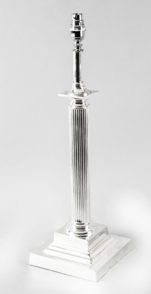 Antique Large Victorian Silver Plated Doric Column Table Lamp C.1880 19th C
