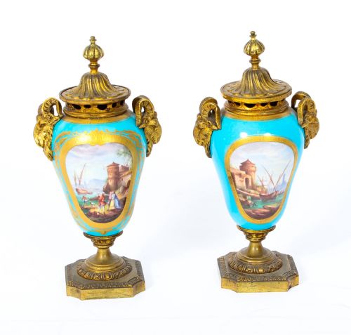Antique Pair Bleu Celeste Sevres Porcelain Gilt Bronze Lidded Urns 19th C
