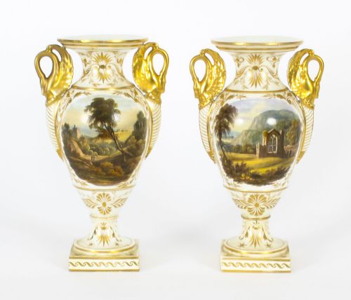 Antique Pair Derby Gilt Swan Neck Handled Ovoid Cabinet Vases 18th Century
