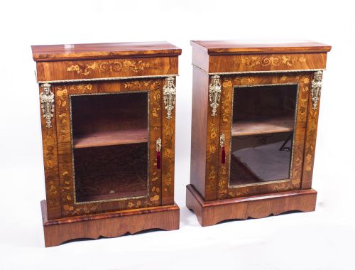 Antique Pair Burr Walnut Marquetry Pier Cabinets C.1870
