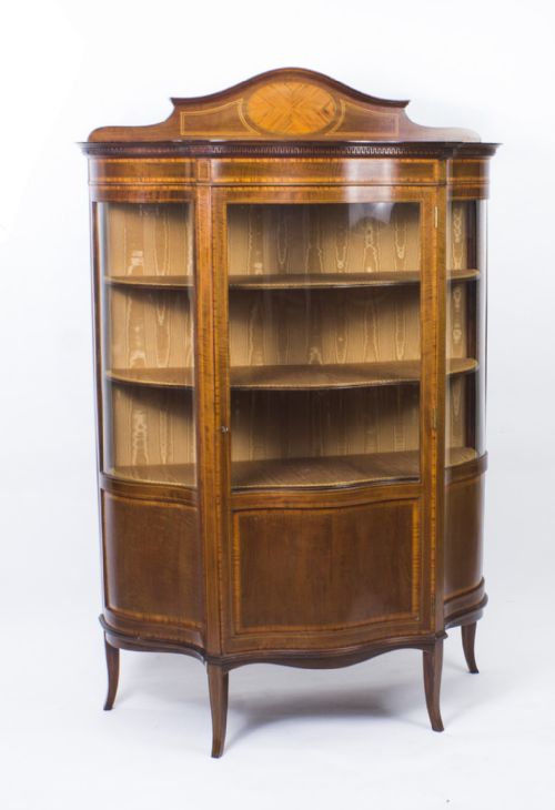 Antique Edwardian Serpentine Glazed Inlaid Mahogany Display Cabinet C1900
