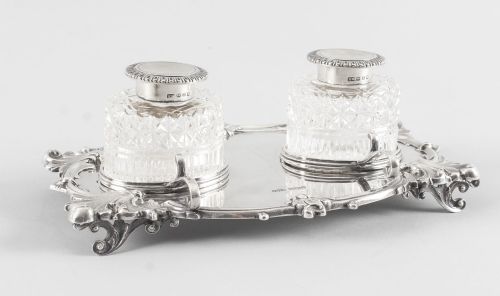 Antique English Silver Inkstand Cut Glass Wells J Dixon 1899 19th Century
