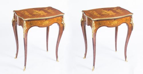Antique Pair Parquetry & Ormolu Mounted Occasional Tables C 1900
