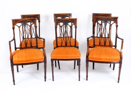 Antique Set 6 Sheraton Revival Mahogany and Satinwood Dining Chairs Ca 1900
