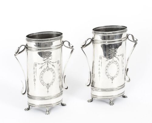 Antique Pair Victorian Neoclassical Silver Plate Vases Circa 1880 19th C
