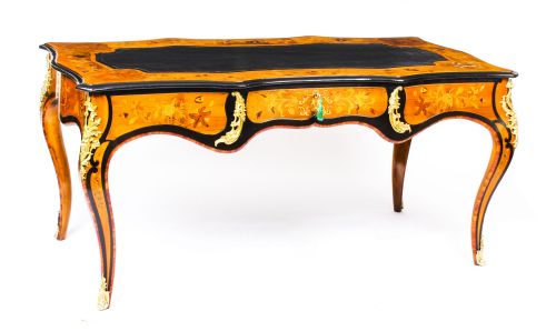 Antique Burr Walnut Marquetry Bureau Plat Writing Table 19th Century
