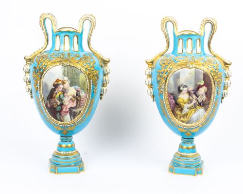 Antique Pair of French Sevres Porcelain Bleu Celeste Vases 18th Century
