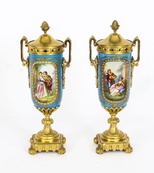 Antique Pair French Bleu Celeste Ormolu Mounted Sevres Lidded Vases 19th C
