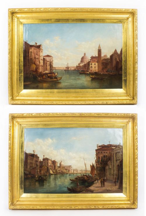 Antique Pair Oil Paintings Grand Canal Venice Alfred Pollentine 19th C
