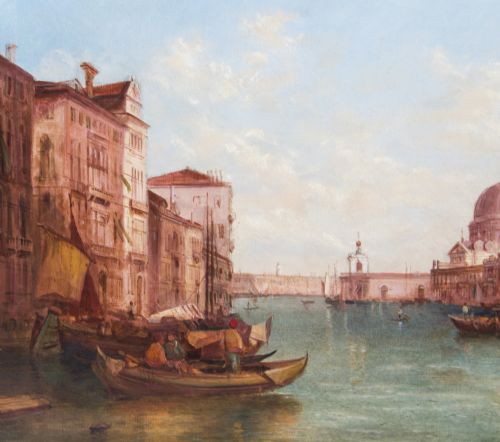 fig 3. Antique Pair Oil Paintings Grand Canal Venice Alfred Pollentine 19th C
