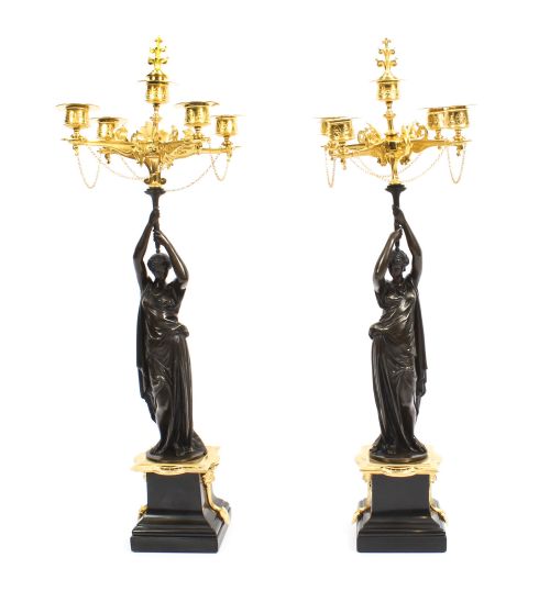Antique Pair Patinated Bronze Figural Candelabra Jules Salmson 19th C
