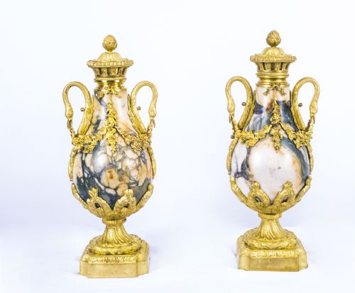 Antique Pair Louis Xv French Carrara Marble Urns C.1870
