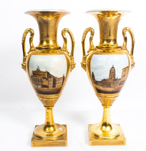 Antique Pair Continental Porcelain Double Handled Gilt Vases Late19th C
