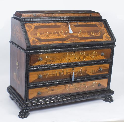 Antique Italian Renaissance Revival Fruitwood Marquetry Bureau 18th C
