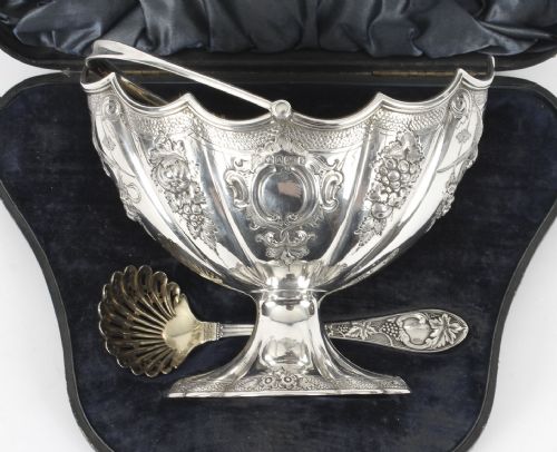 fig 2. Antique Victorian Cased Sterling Silver Sugar Bowl & Sifter 1868 19th C