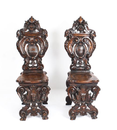 Antique Rare & Unusual Pair Carved Italian Walnut Sgabello Hall Chairs 19th C
