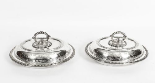 Antique Pair Silver Plated Entree Dishes with Greek Key Circa 1860
