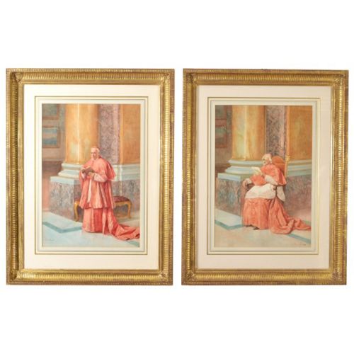Antique Pair Watercolours 'Cardinals' E Tarenghi C.1910
