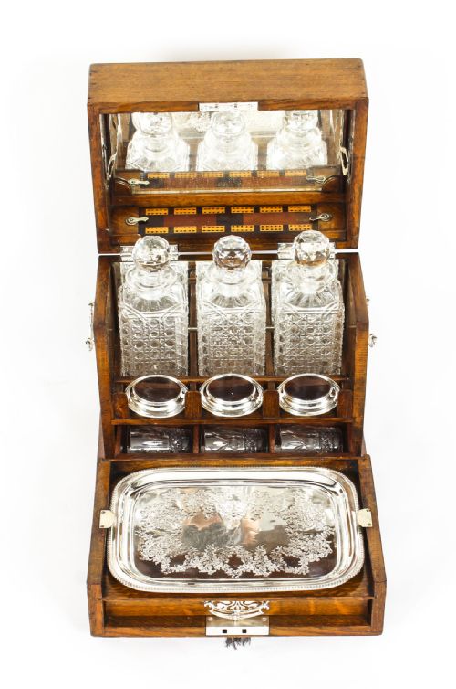 Antique English Victorian Oak Three Crystal Decanter Tantalus Dry Bar C1870
