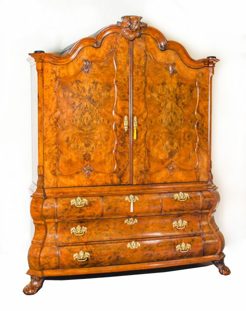 Antique Dutch Burr Walnut Bombé Cabinet Armoire Secret Drawers 18th Century
