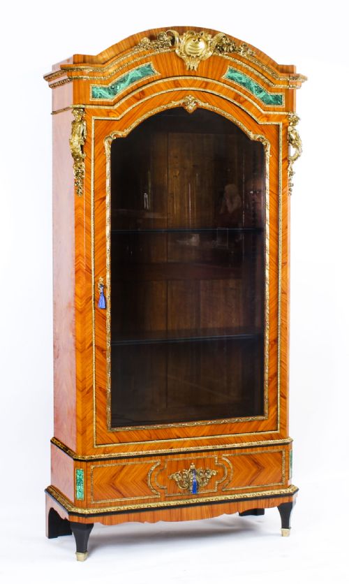 Antique French Kingwood Malachite & Ormolu Mounted Vitrine Cabinet 19th C
