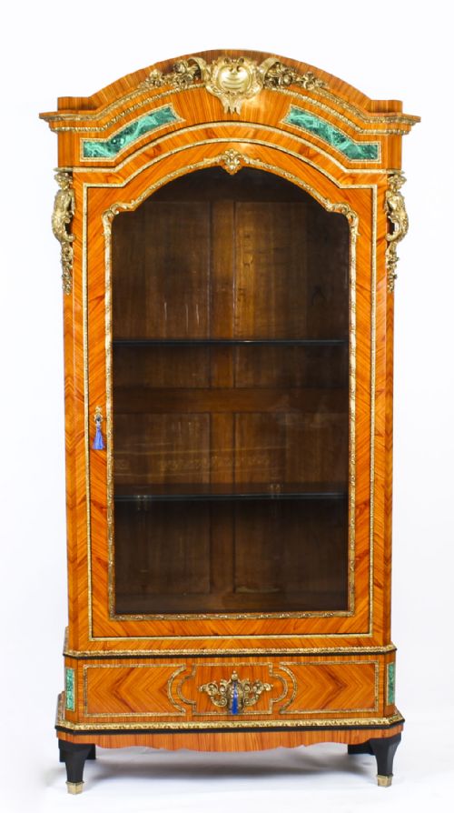 fig 1. Antique French Kingwood Malachite & Ormolu Mounted Vitrine Cabinet 19th C
