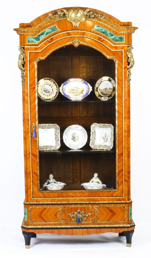 fig 2. Antique French Kingwood Malachite & Ormolu Mounted Vitrine Cabinet 19th C
