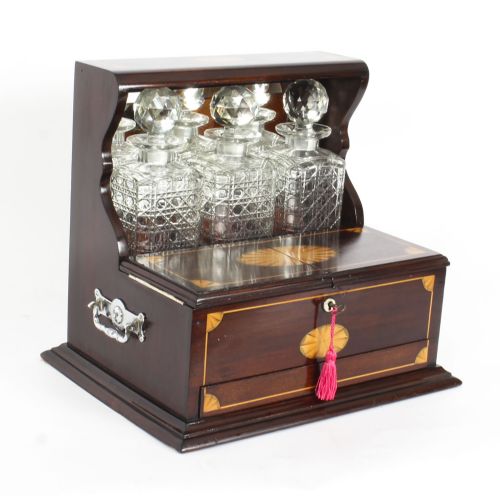 Antique Inlaid Flame Mahogany Three Crystal Decanter Tantalus C1900
